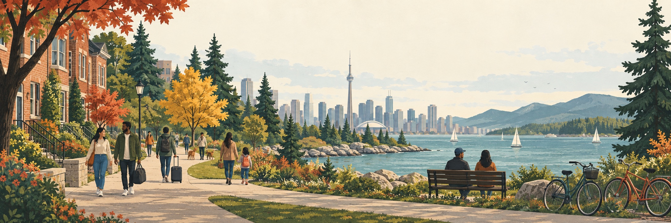 Illustrated Canadian neighbourhood with newcomers walking beside a waterfront, city skyline and evergreen trees