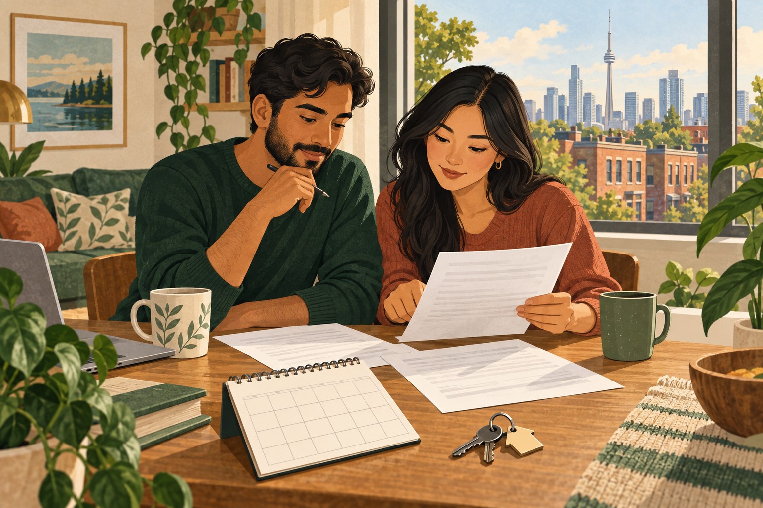 Illustration of two renters reviewing paperwork beside a calendar and house keys, with Toronto buildings outside the window.