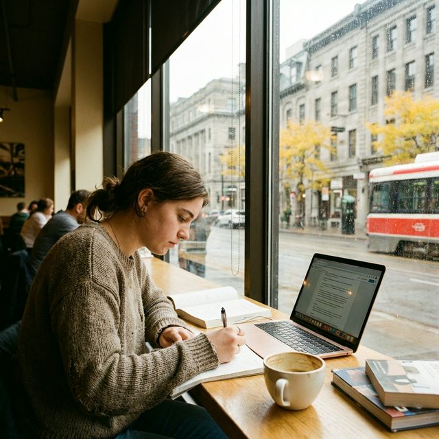 Person studying English in a cafe